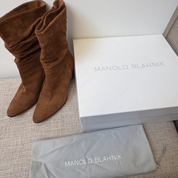 Manolo Blahnik Cognac Suede Slouchy Knight Boots - Picture 9 of 9